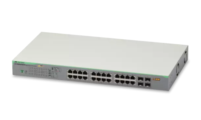 Allied Telesis Gigabit webSmart Switch, 24x 10/100/1000-T PoE+, 4x SFP Ports and single fixed PSU, UK Power Cord